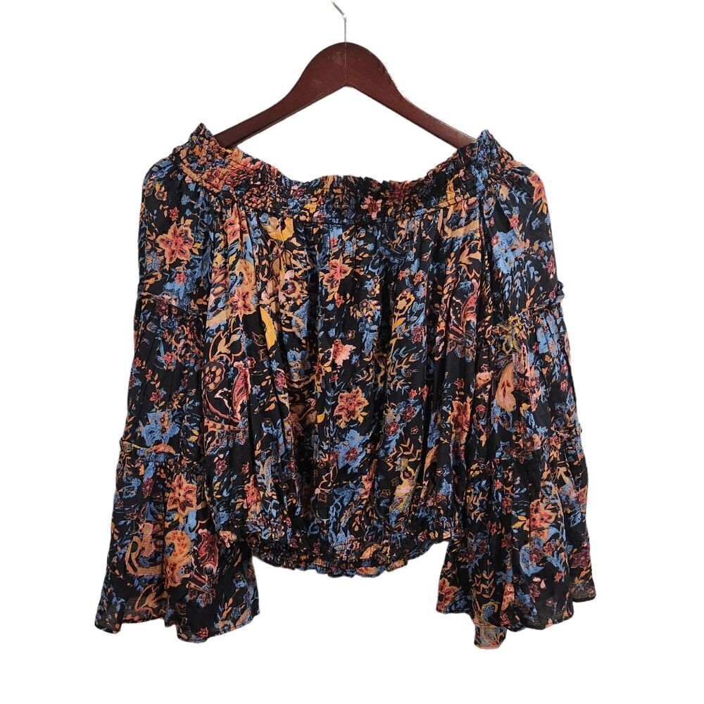 FREE PEOPLE Free Spirit Floral Off Shoulder Top XS Womens Black - Picture 4 of 7